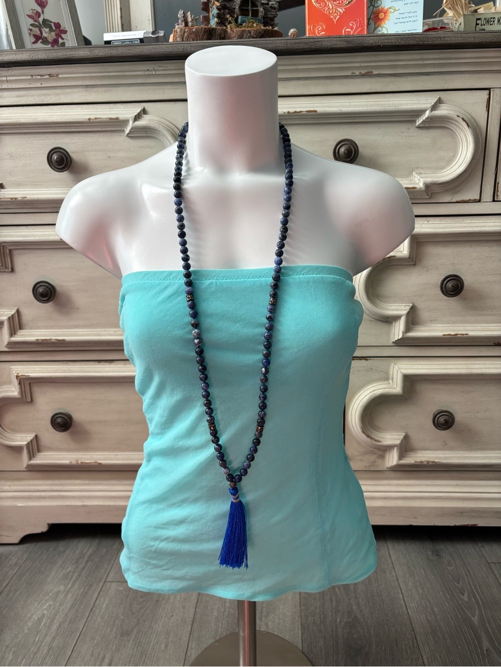 Long Navy Beaded Necklace with Blue Tassel